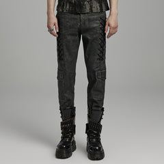 WK-631NCM Edgy black Gray Slim-Fit Punk Pants with Lace Details