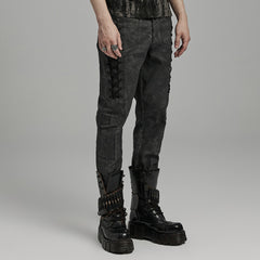 WK-631NCM Edgy black Gray Slim-Fit Punk Pants with Lace Details