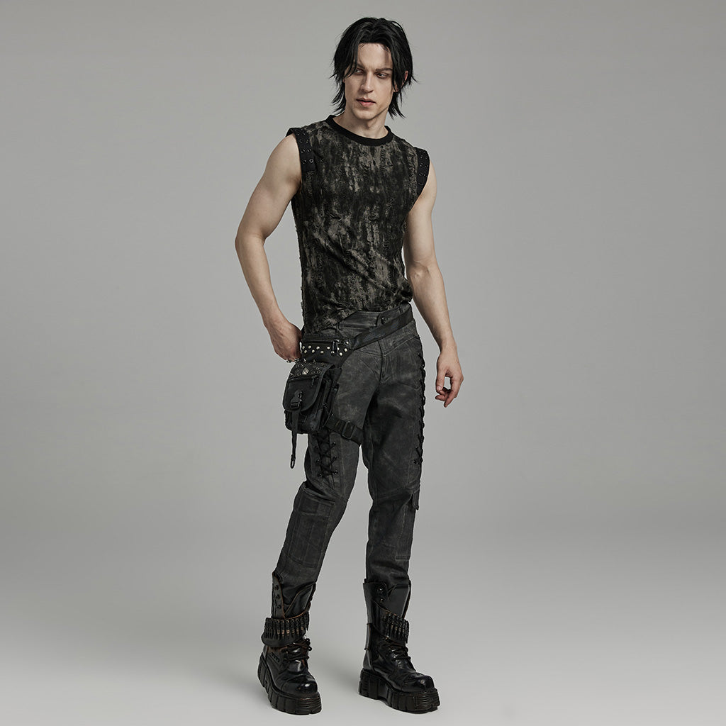 WK-631NCM Edgy black Gray Slim-Fit Punk Pants with Lace Details