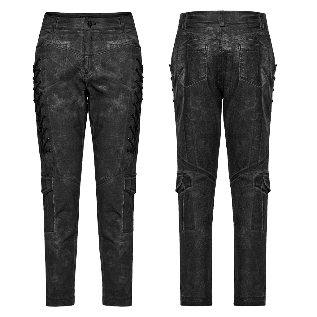 WK-631NCM Edgy black Gray Slim-Fit Punk Pants with Lace Details?-??Punk Rave Clothing