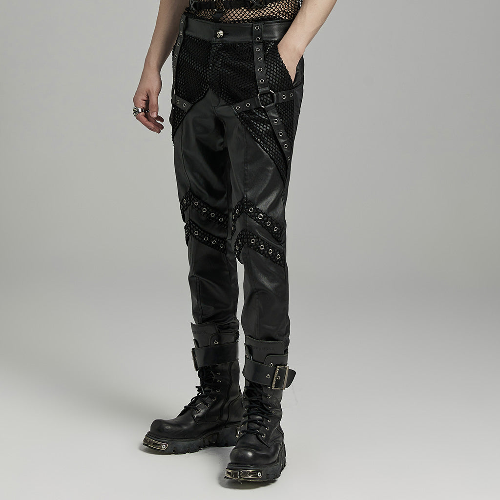 WK-633XCM Gothic Moto Punk Pants with Rivets and Mesh Accents