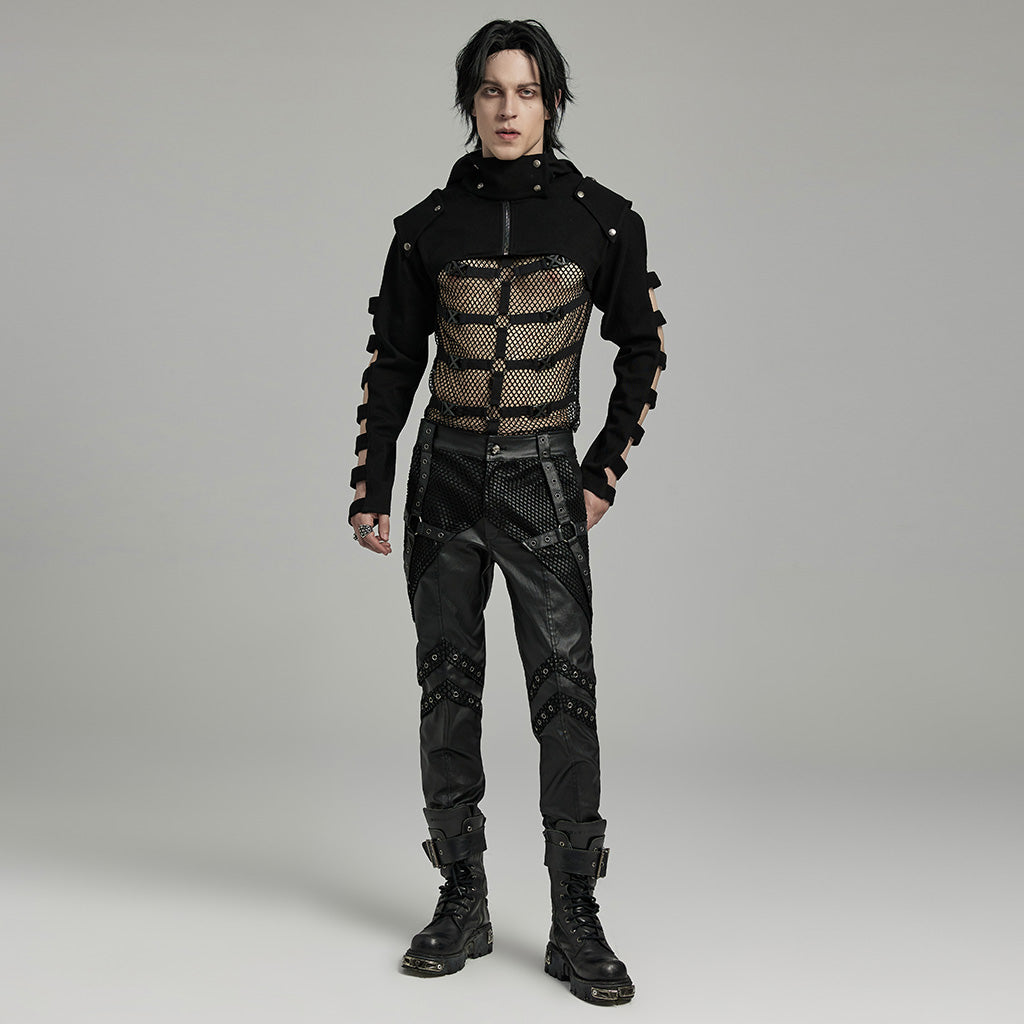 WK-633XCM Gothic Moto Punk Pants with Rivets and Mesh Accents