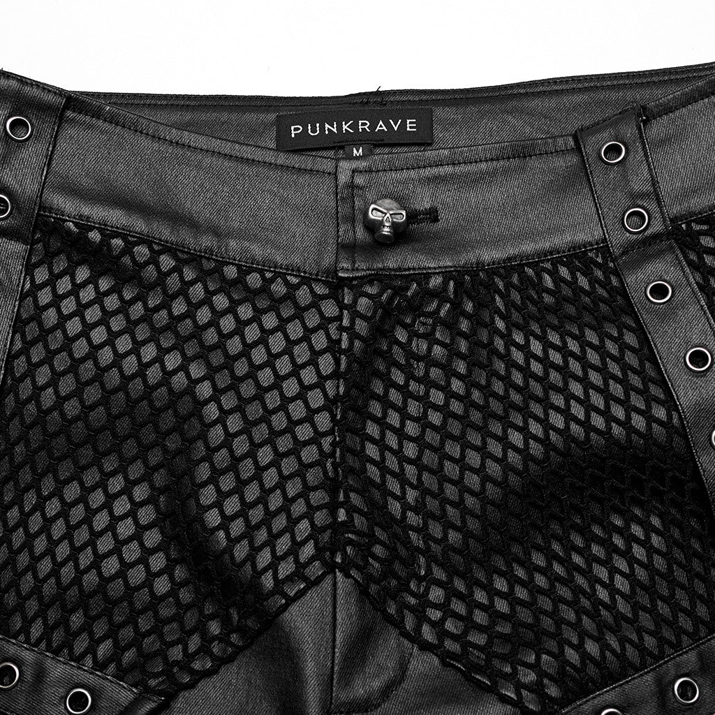 WK-633XCM Gothic Moto Punk Pants with Rivets and Mesh Accents?-??Punk Rave Clothing