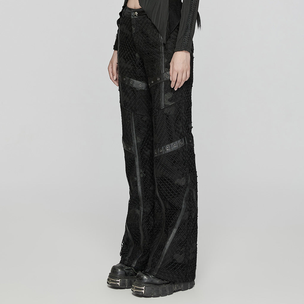 WK-641XCF Gothic Mesh Punk Pants with Faux Leather Straps?-??Punk Rave Clothing