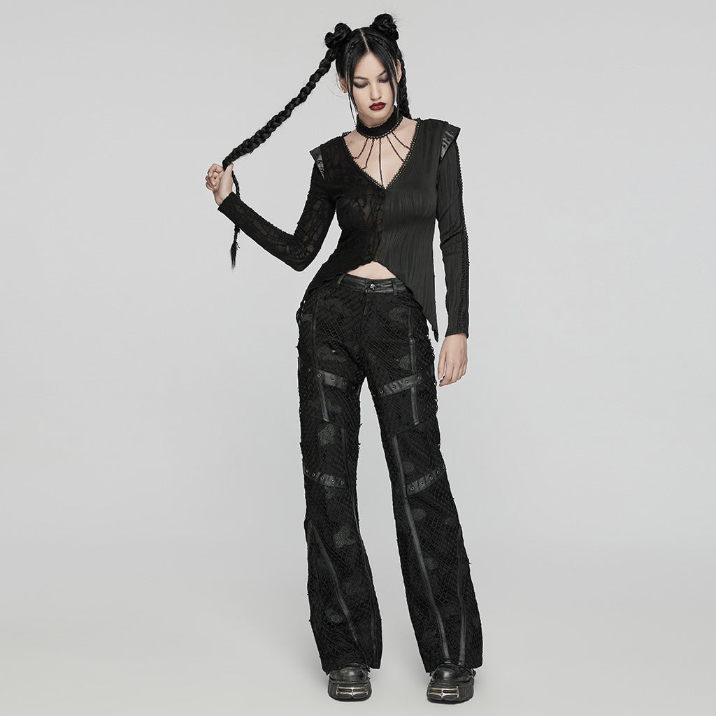 WK-641XCF Gothic Mesh Punk Pants with Faux Leather Straps?-??Punk Rave Clothing