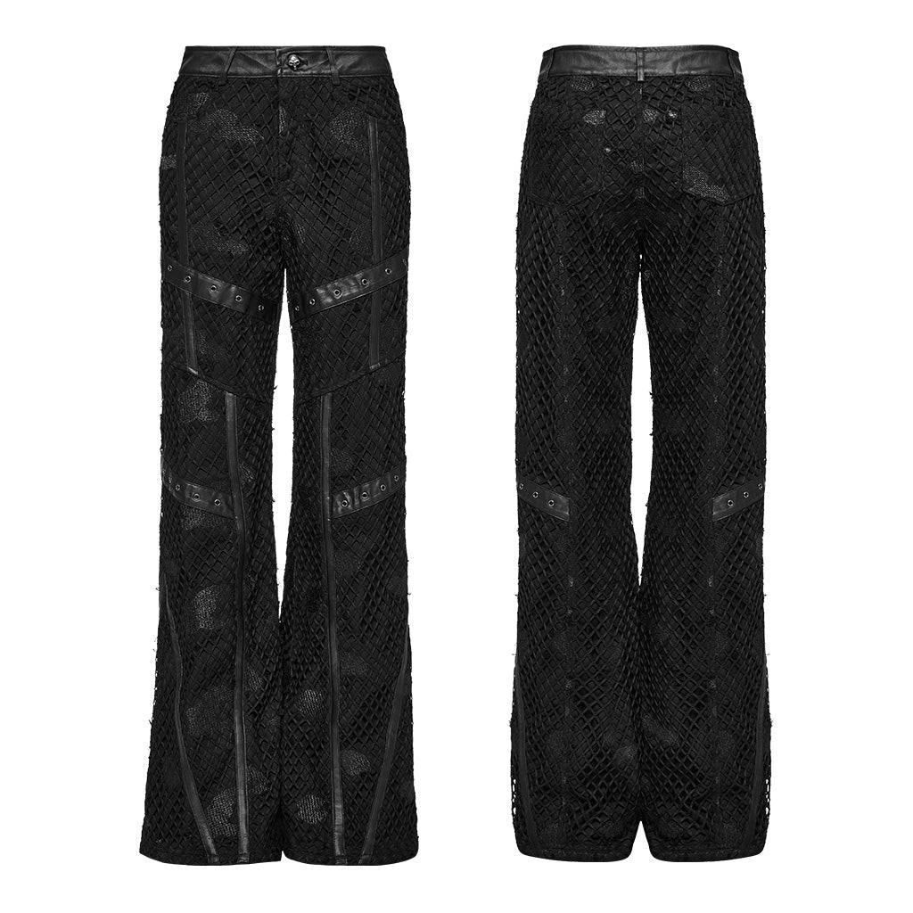 WK-641XCF Gothic Mesh Punk Pants with Faux Leather Straps?-??Punk Rave Clothing