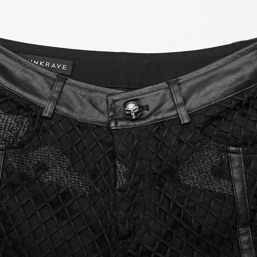 WK-641XCF Gothic Mesh Punk Pants with Faux Leather Straps?-??Punk Rave Clothing