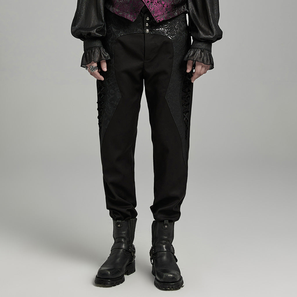 WK-642XCM Elegant black Brocade Gothic Pants with Intricate Lace Detailing?-??Punk Rave Clothing