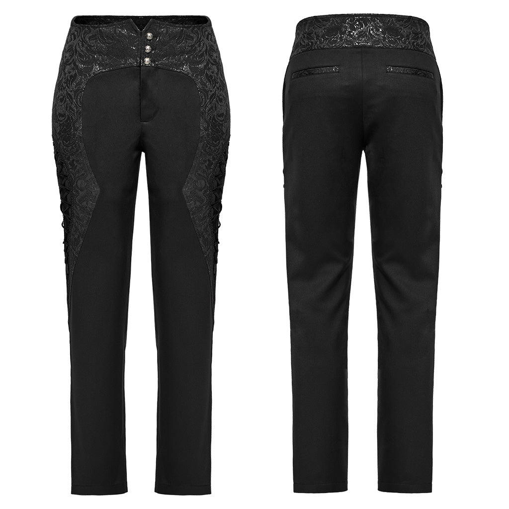 WK-642XCM Elegant black Brocade Gothic Pants with Intricate Lace Detailing