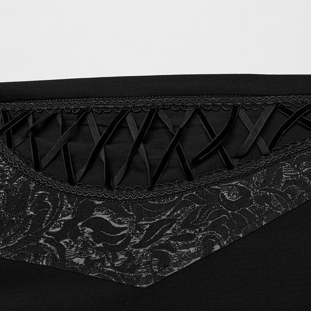 WK-642XCM Elegant black Brocade Gothic Pants with Intricate Lace Detailing