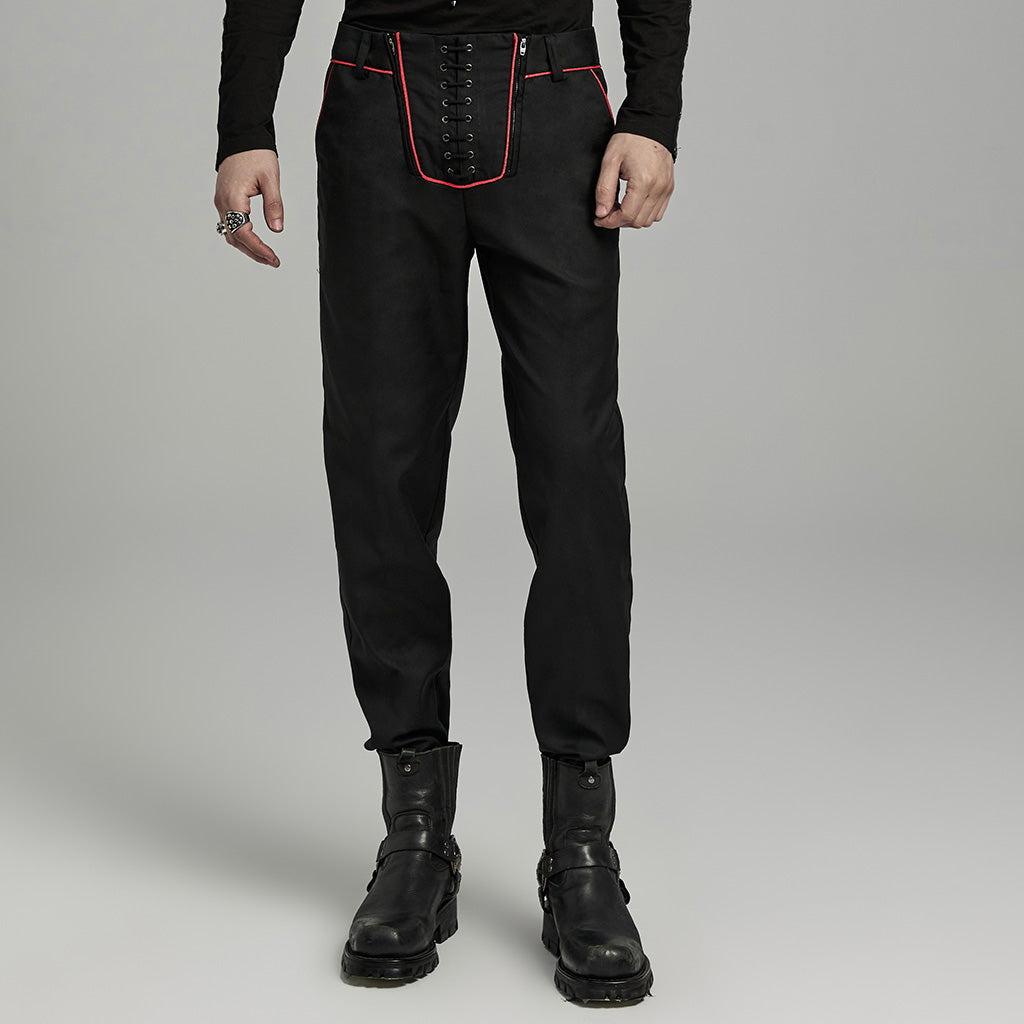 WK-644XCM Gothic black Slim-Fit Pants with Bold Red Stitching Accents