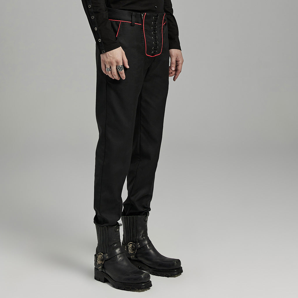 WK-644XCM Gothic black Slim-Fit Pants with Bold Red Stitching Accents