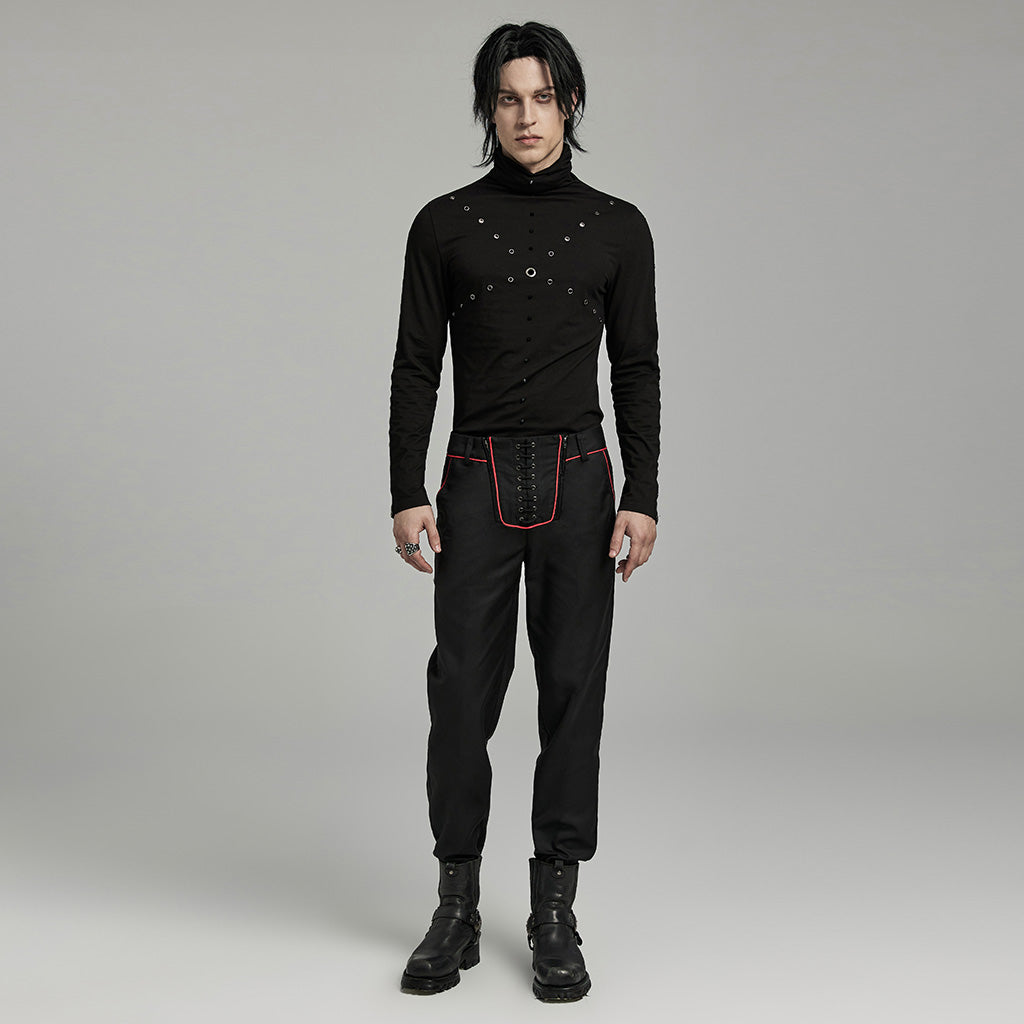 WK-644XCM Gothic black Slim-Fit Pants with Bold Red Stitching Accents?-??Punk Rave Clothing
