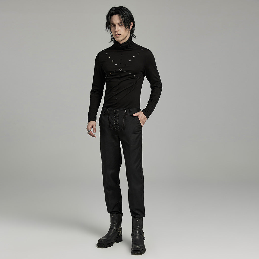 WK-644XCM Gothic black Slim-Fit Pants with Bold Red Stitching Accents