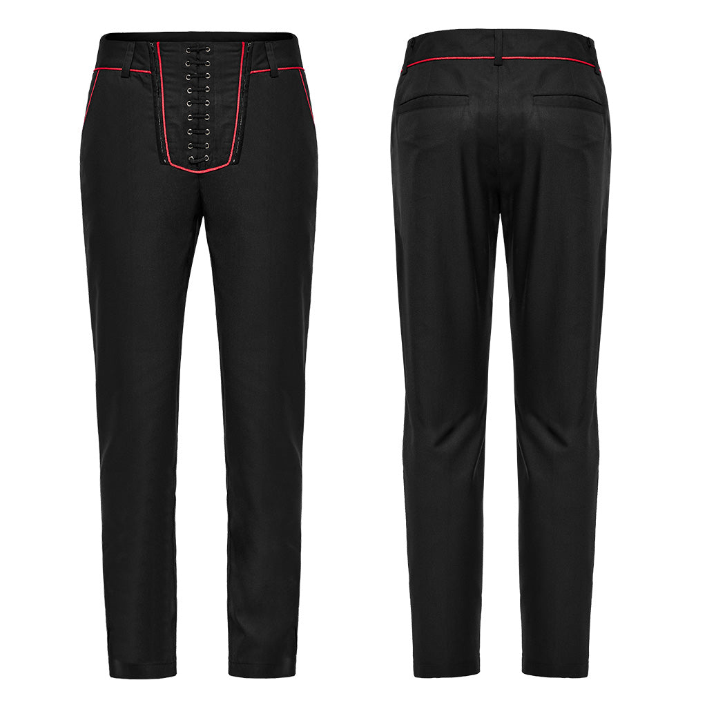 WK-644XCM Gothic black Slim-Fit Pants with Bold Red Stitching Accents