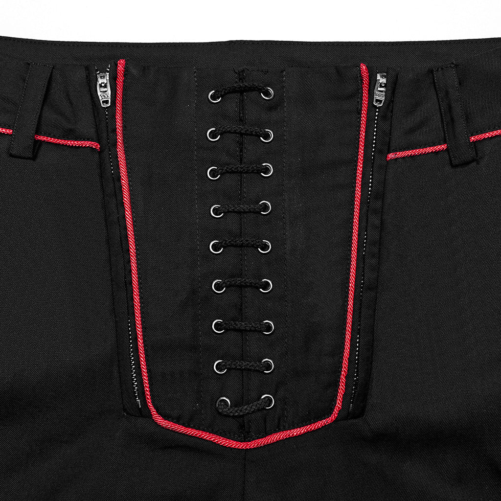 WK-644XCM Gothic black Slim-Fit Pants with Bold Red Stitching Accents?-??Punk Rave Clothing