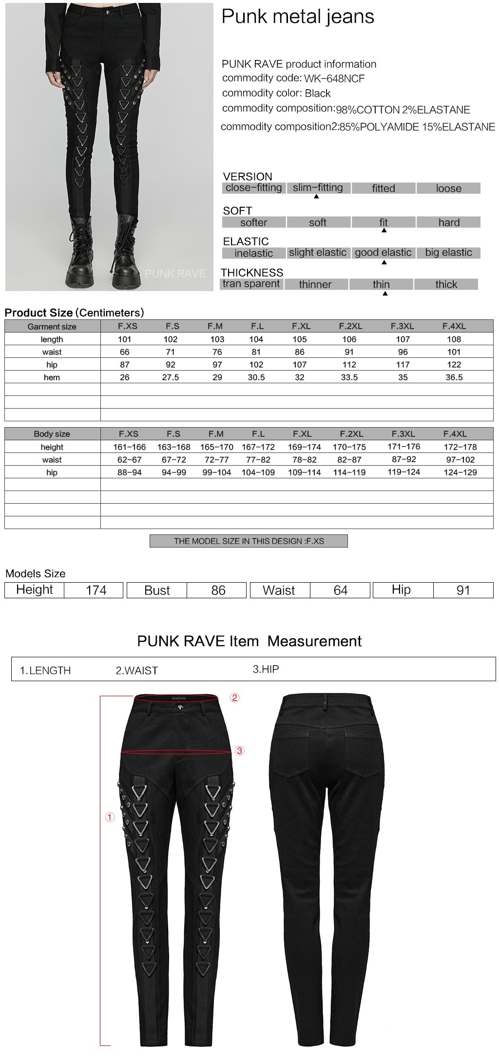 WK-648NCF Edgy Black Punk Pants with Striking Metal Rivet Details?-??Punk Rave Clothing