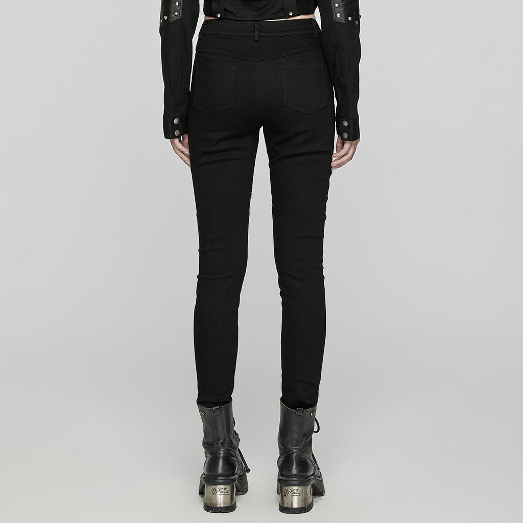 WK-648NCF Edgy Black Punk Pants with Striking Metal Rivet Details?-??Punk Rave Clothing