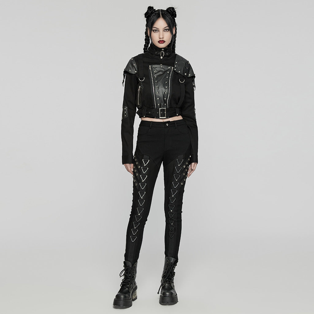 WK-648NCF Edgy Black Punk Pants with Striking Metal Rivet Details?-??Punk Rave Clothing
