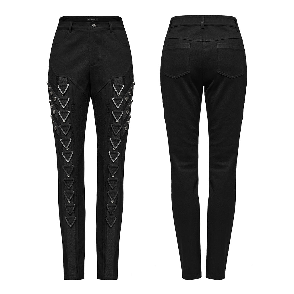 WK-648NCF Edgy Black Punk Pants with Striking Metal Rivet Details?-??Punk Rave Clothing