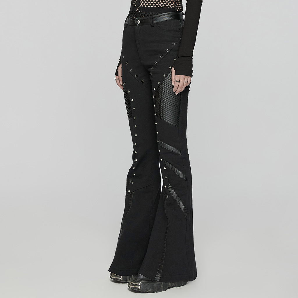 WK-650XCF Edgy Flare Punk Pants with Rivet Detailing and Leather Accents?-??Punk Rave Clothing