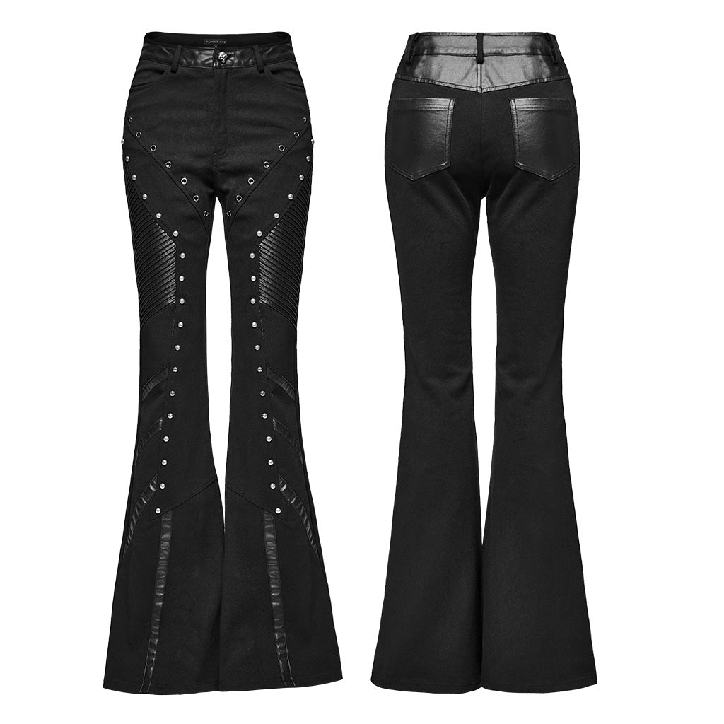WK-650XCF Edgy Flare Punk Pants with Rivet Detailing and Leather Accents?-??Punk Rave Clothing