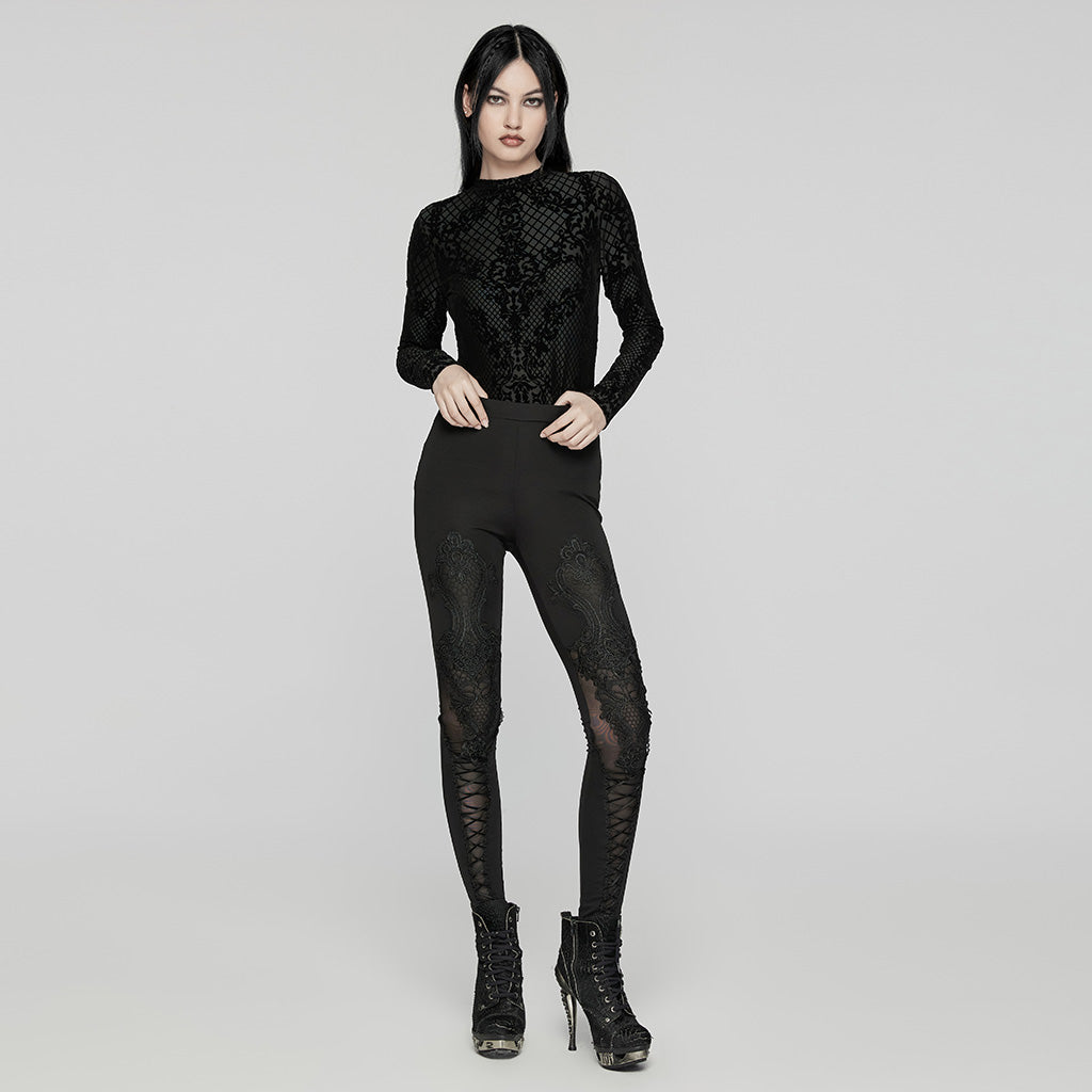 WK-653DDF Gothic Lace-Embroidered Slim-Fit Elastic High-Waisted Pants