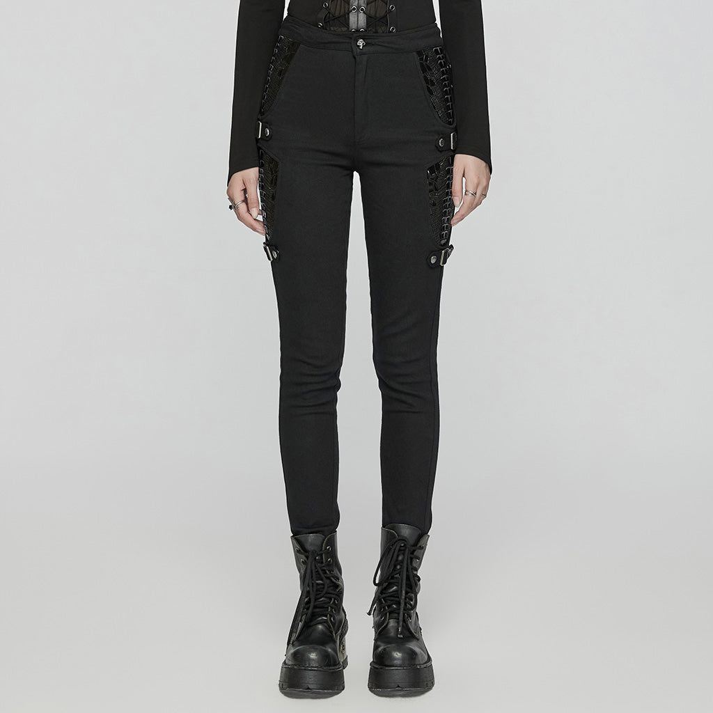 WK-654XCF Slim-Fit black Elastic Punk Pants with Buckle Details?-??Punk Rave Clothing