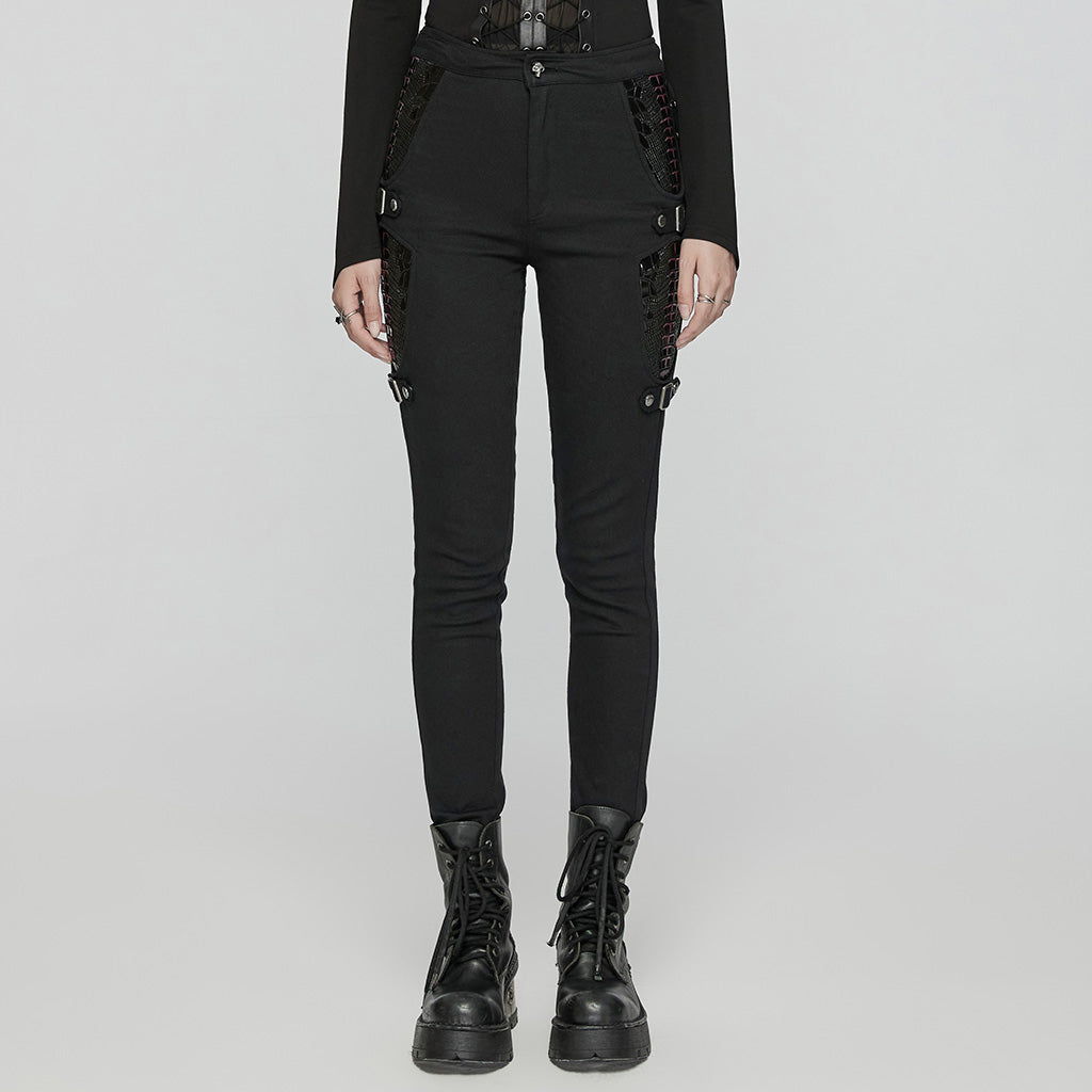 WK-654XCF Slim-Fit black Elastic Punk Pants with Buckle Details?-??Punk Rave Clothing