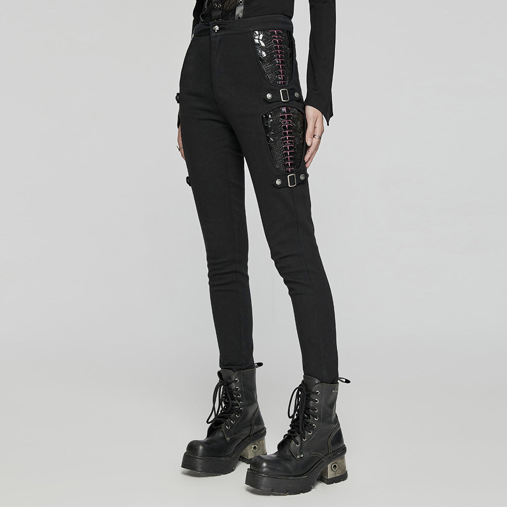 WK-654XCF Slim-Fit black Elastic Punk Pants with Buckle Details?-??Punk Rave Clothing