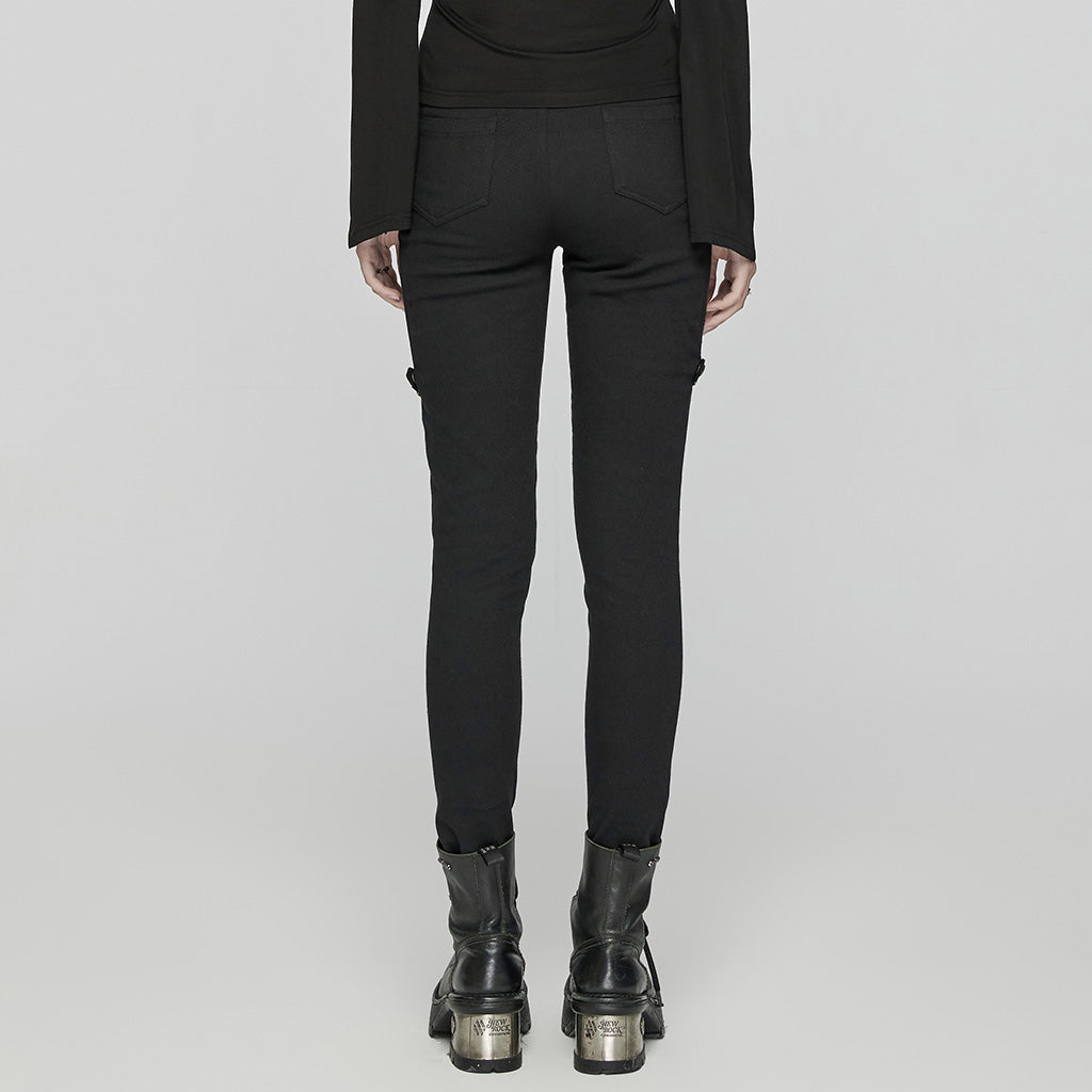 WK-654XCF Slim-Fit black Elastic Punk Pants with Buckle Details?-??Punk Rave Clothing