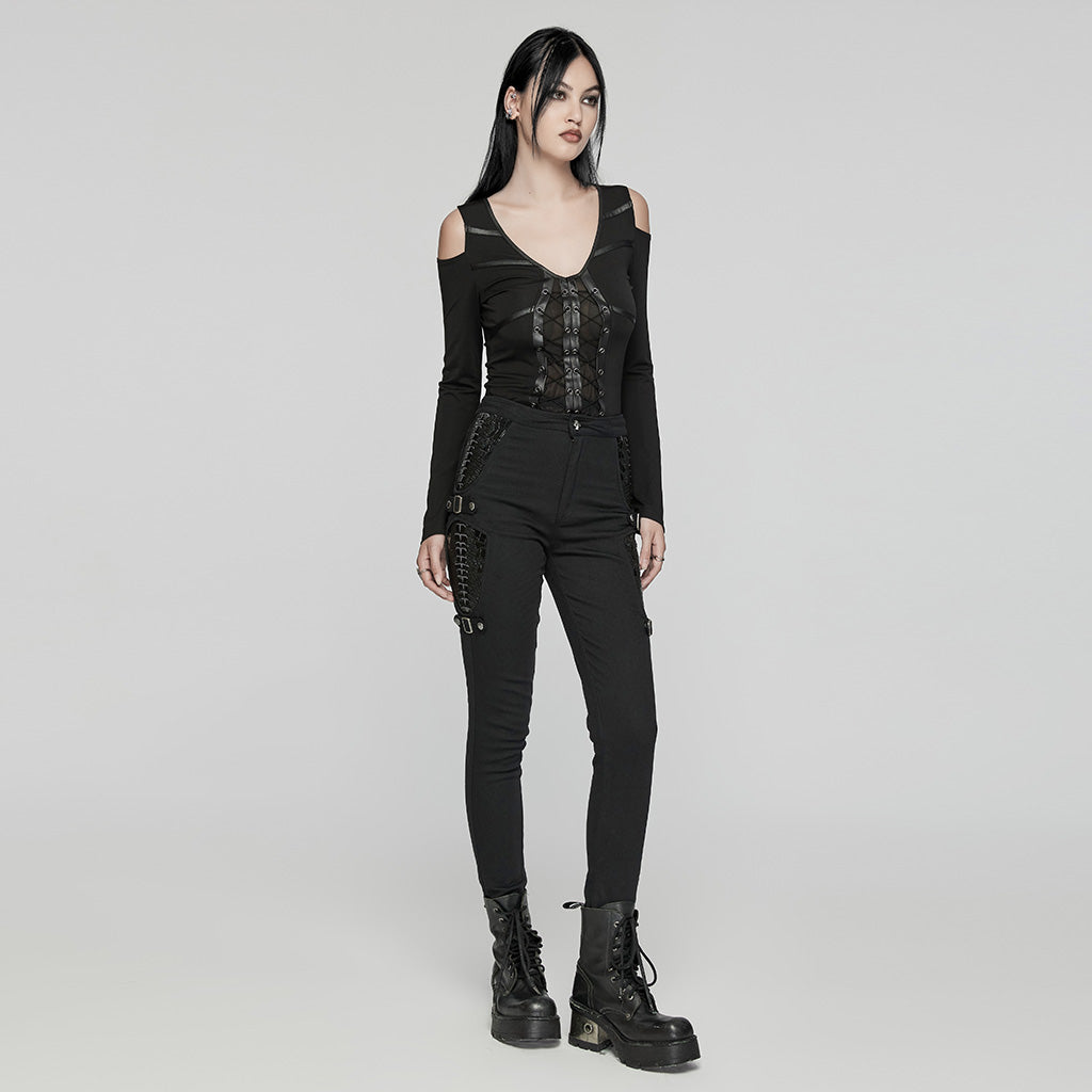 WK-654XCF Slim-Fit black Elastic Punk Pants with Buckle Details?-??Punk Rave Clothing