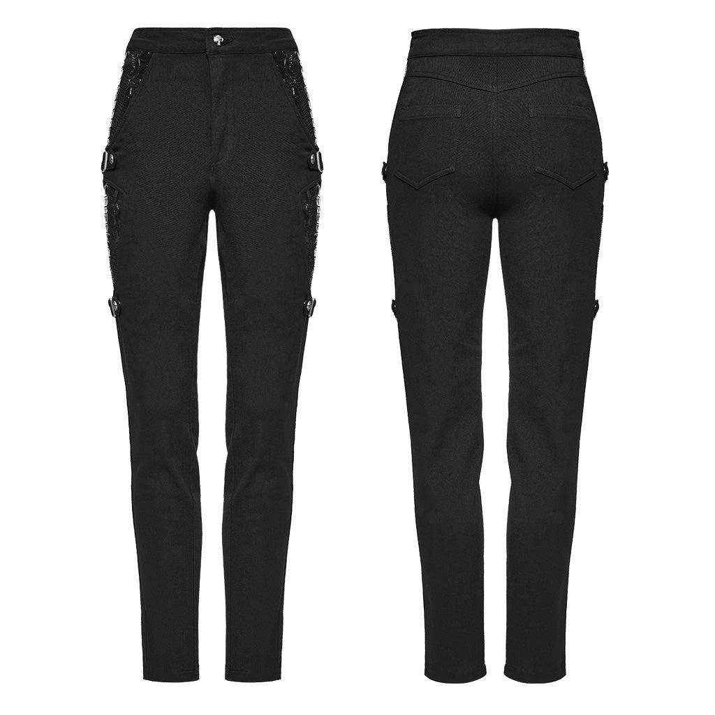 WK-654XCF Slim-Fit black Elastic Punk Pants with Buckle Details?-??Punk Rave Clothing