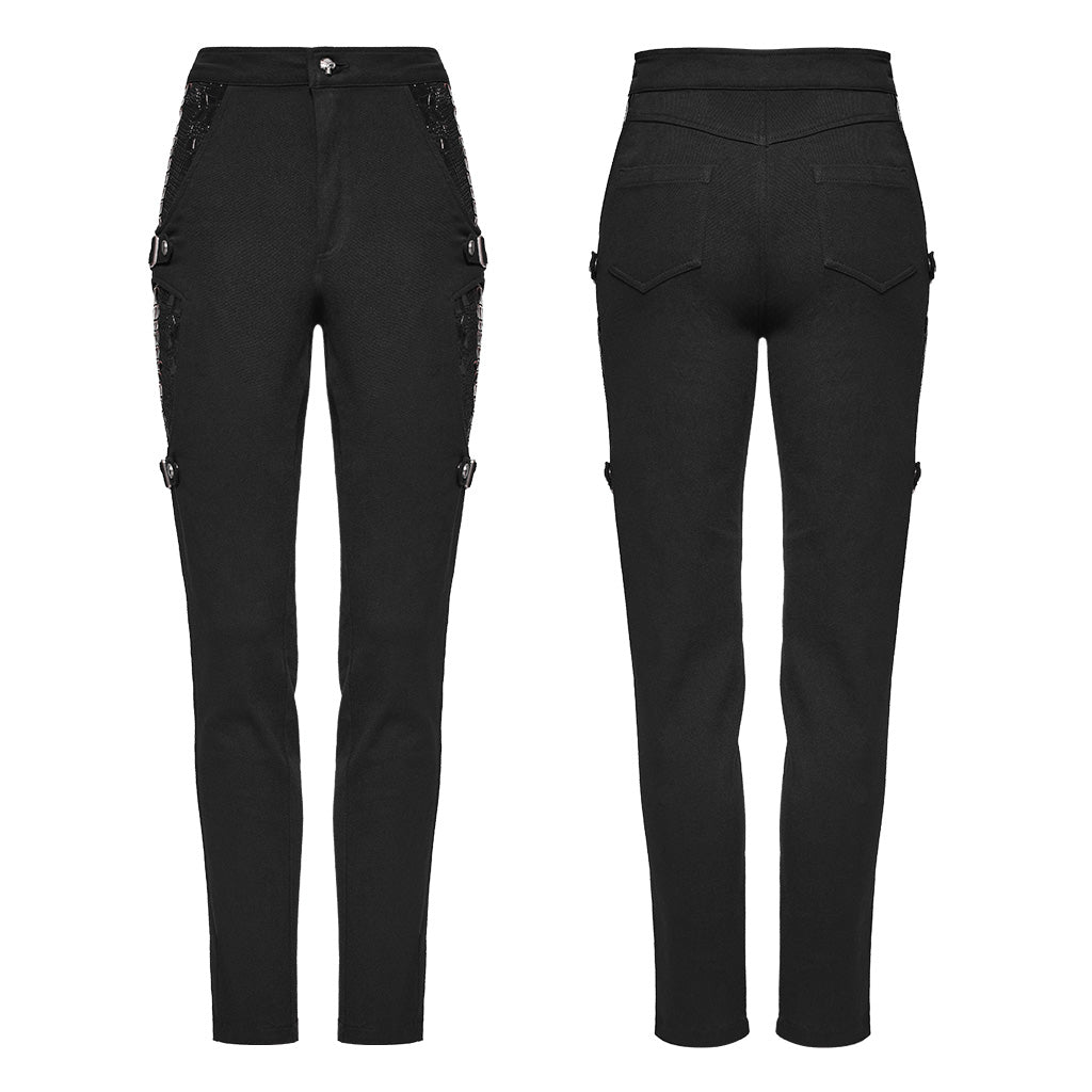 WK-654XCF Slim-Fit black Elastic Punk Pants with Buckle Details?-??Punk Rave Clothing
