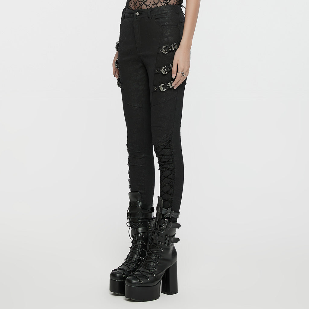 WK-656XCF Edgy Buckle Strap Gothic Punk Pants High Waist Design