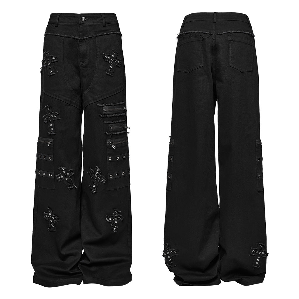 WK-658NCF Gothic Punk Pants Cross Patch Straight black Aesthetic Design