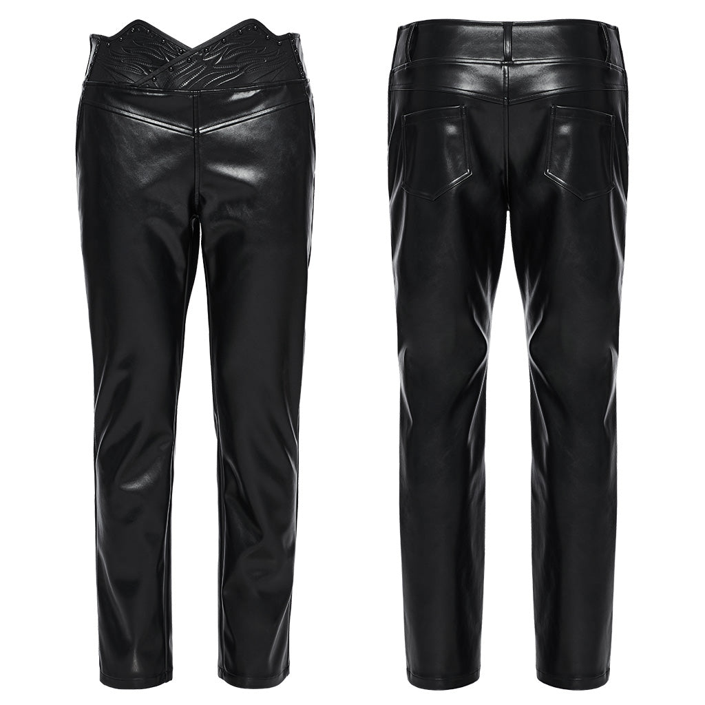 WK-667PCM Edgy Vegan Leather Punk Pants with High Waist Design?-??Punk Rave Clothing