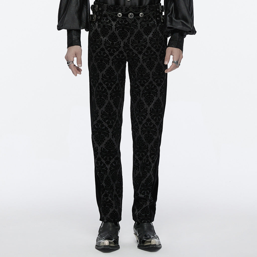 WK-673XCM Gothic Pants Velvet Damask Print Retro Embellished Trim Design