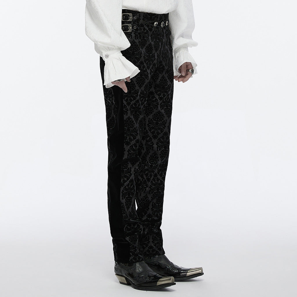 WK-673XCM Gothic Pants Velvet Damask Print Retro Embellished Trim Design