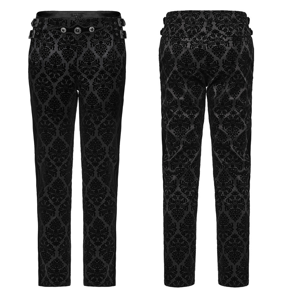 WK-673XCM Gothic Pants Velvet Damask Print Retro Embellished Trim Design