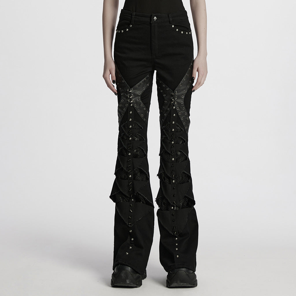 WK-679DQF Edgy Studded Flare Gothic Punk Pants with Lace Details