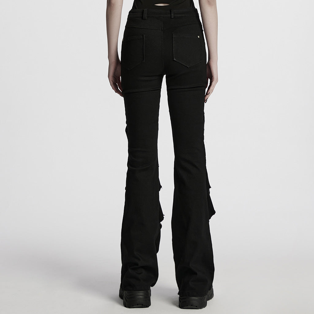 WK-679DQF Edgy Studded Flare Gothic Punk Pants with Lace Details
