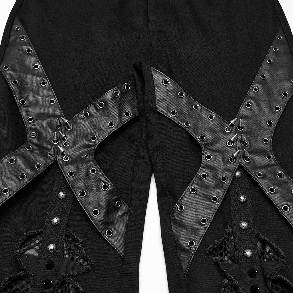 WK-679DQF Edgy Studded Flare Gothic Punk Pants with Lace Details