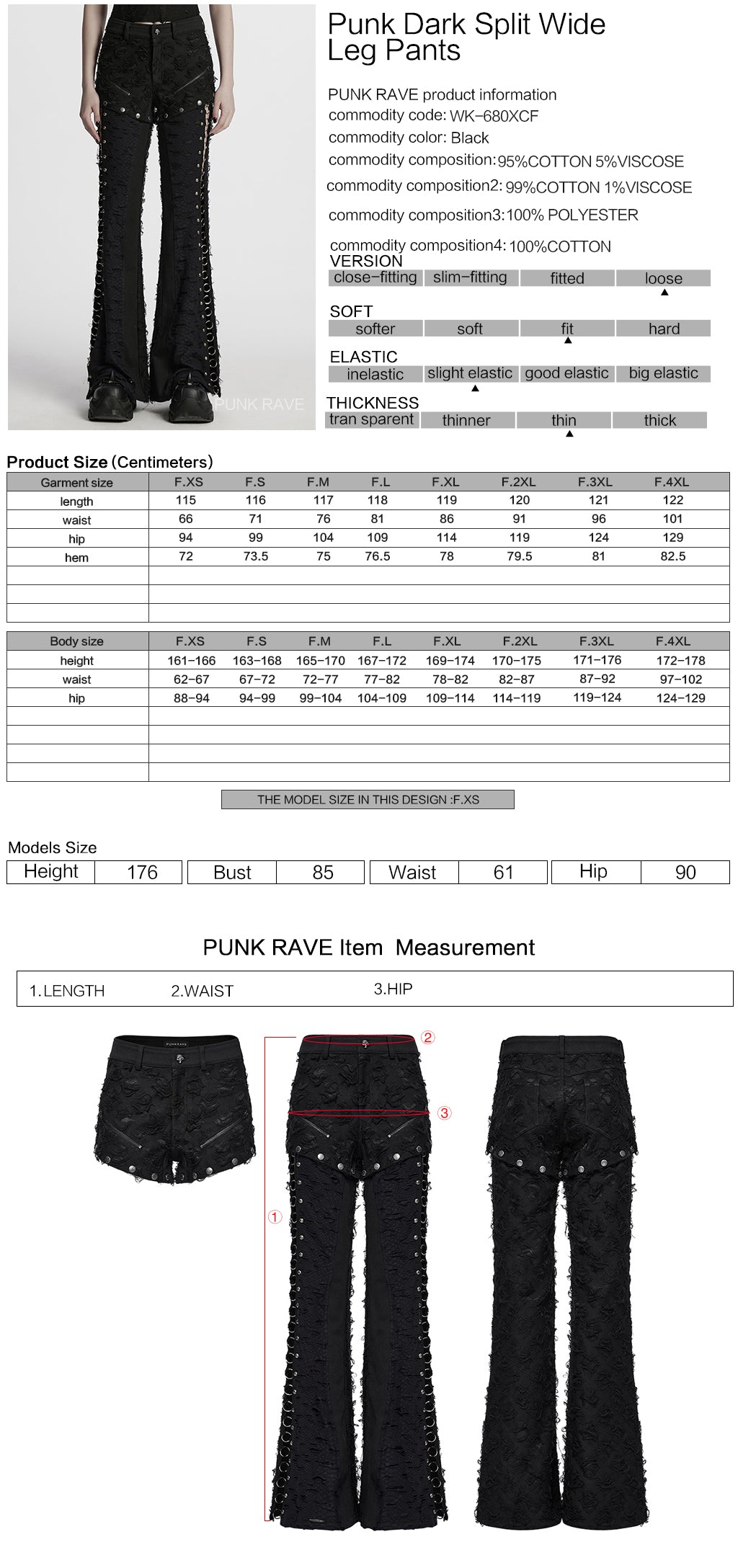 WK-680XCF Gothic Lace Up Flared Punk Pants Stud Accents