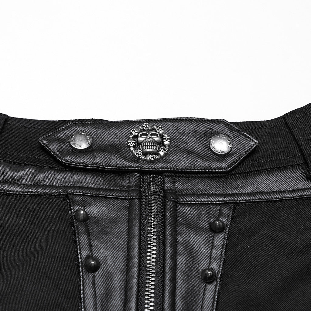 WK-685XDF Gothic Punk Pants with Studded Black Faux Leather High Waist Design