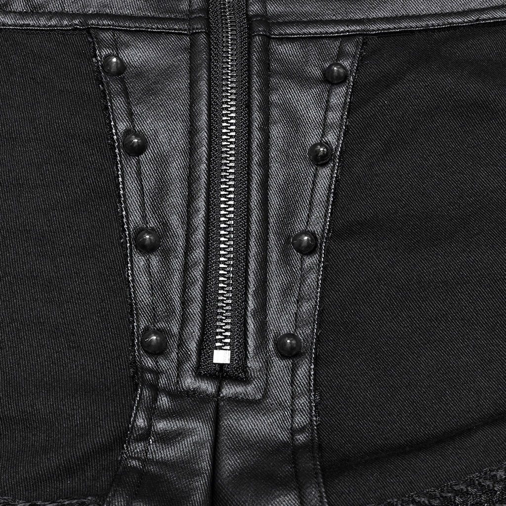 WK-685XDF Gothic Punk Pants with Studded Black Faux Leather High Waist Design