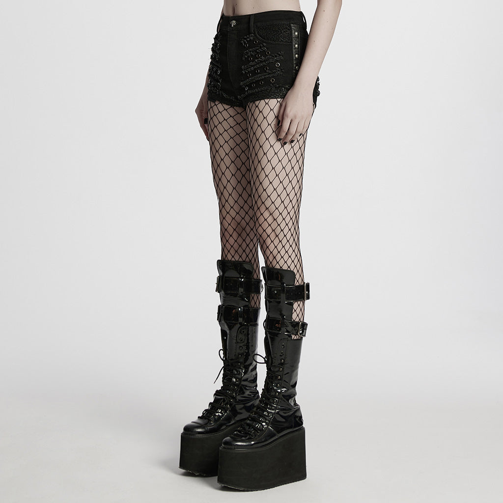 WK-692XDF Edgy Black Punk Pants with Grommet Lace-Up Detailing