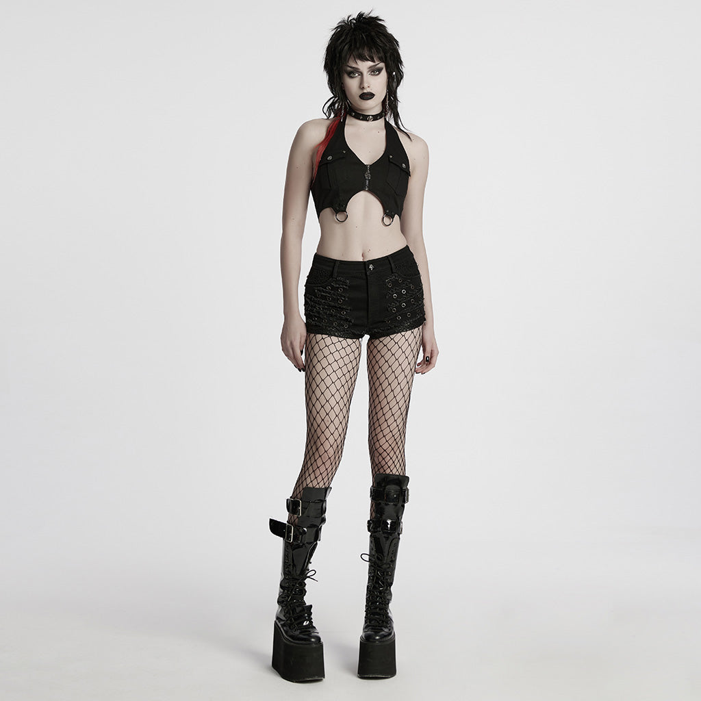 WK-692XDF Edgy Black Punk Pants with Grommet Lace-Up Detailing