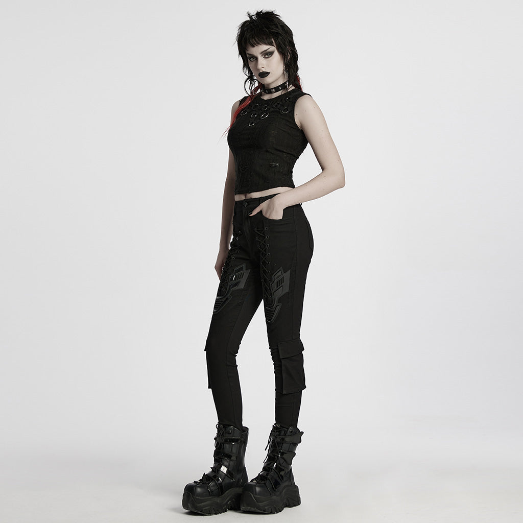 WK-703NCF Gothic Lace-Up Punk Pants with Ribbed Panel Accents