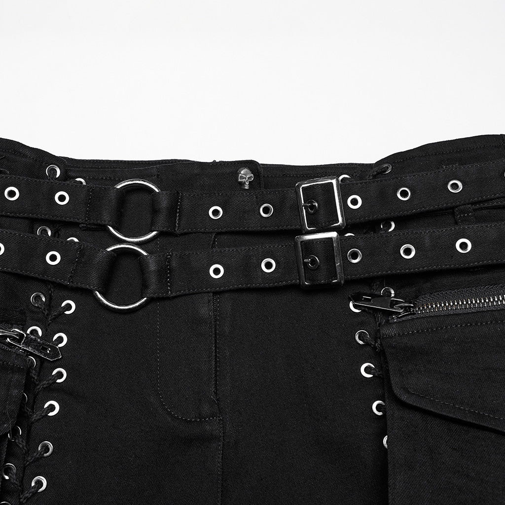 WK-705NDF Edgy Lace-Up Belted Punk Pants Shorts Gothic Style